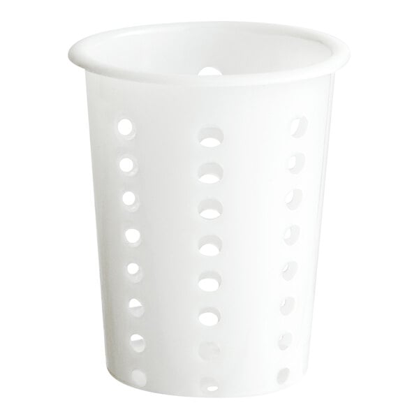 A white perforated plastic flatware holder cylinder.