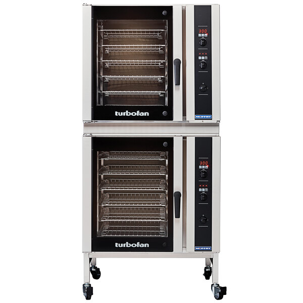 A Moffat Turbofan double stacking kit with caster base stand for two E35-26 convection ovens on wheels.