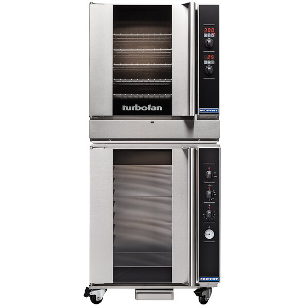 A white Moffat double convection oven with two racks and two doors on a caster base.