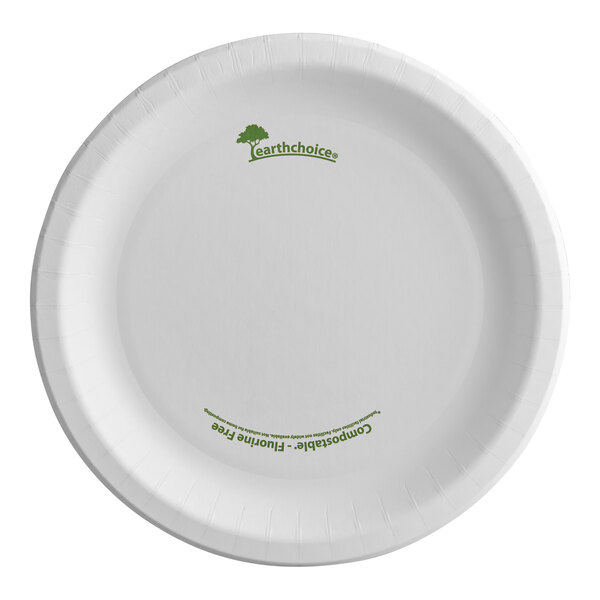 A white Pactiv EarthChoice paper plate with green text.