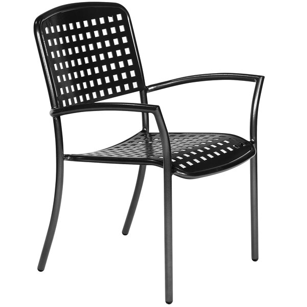 A black Wabash Valley Hanna powder-coated aluminum arm chair with square perforated seat and back.