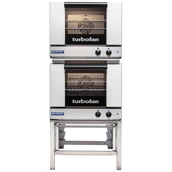 A Moffat double stacking kit installed on two silver Moffat convection ovens.