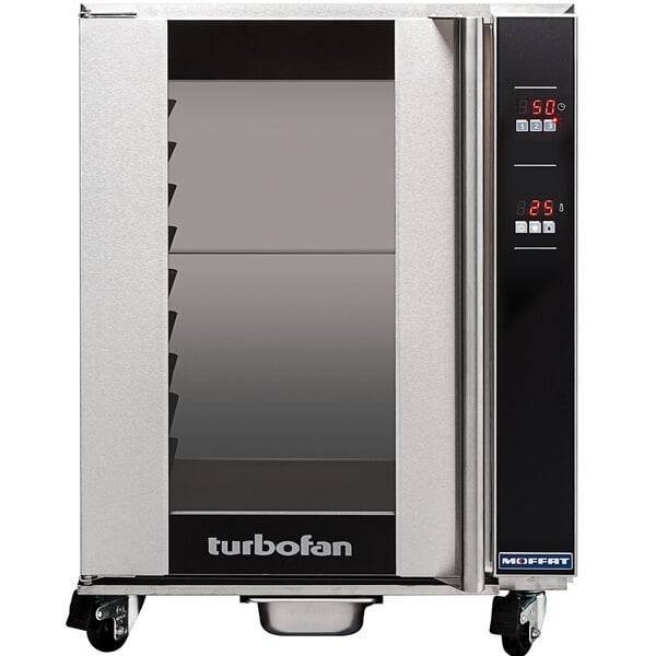 A black and silver Moffat Turbofan electric holding cabinet with a glass door.