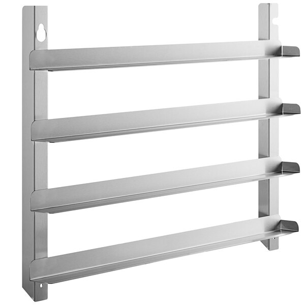 A silver metal Moffat Turbofan rack runner with 4 shelves.