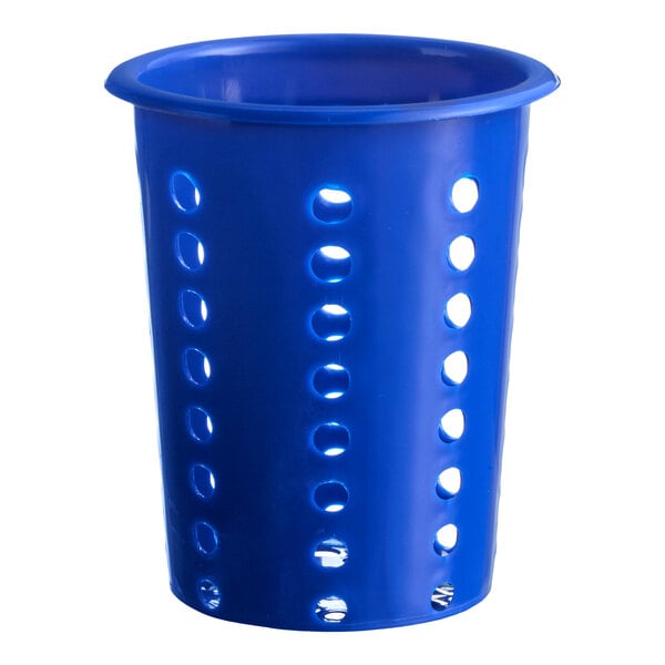 A blue perforated plastic flatware holder cylinder.