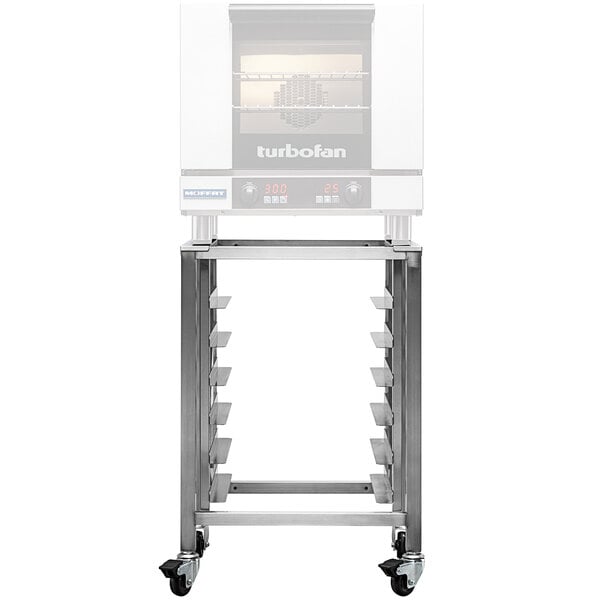 A Moffat stainless steel stand with casters for E22 and E23 series convection ovens.