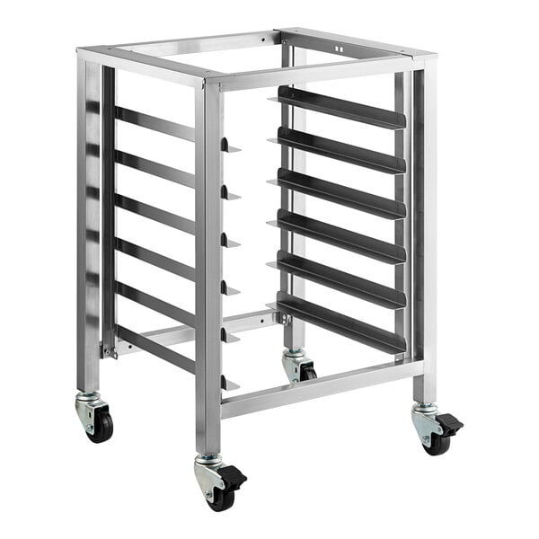 A stainless steel Moffat stand with casters for E22 and E23 series convection ovens.