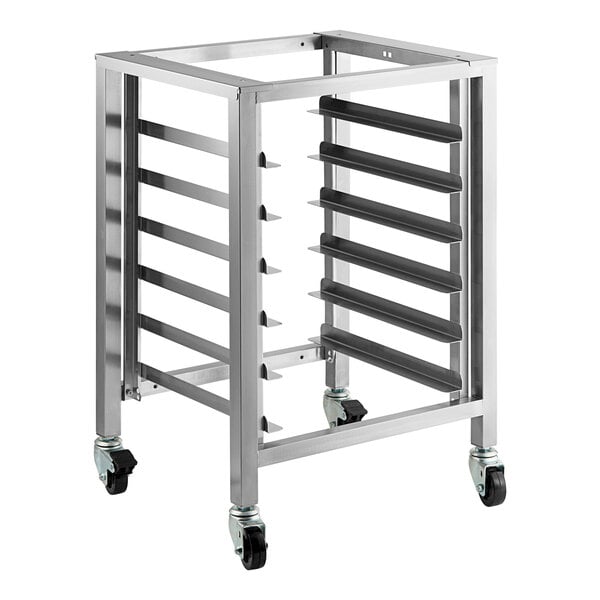 A Moffat stainless steel stand with casters for convection ovens.