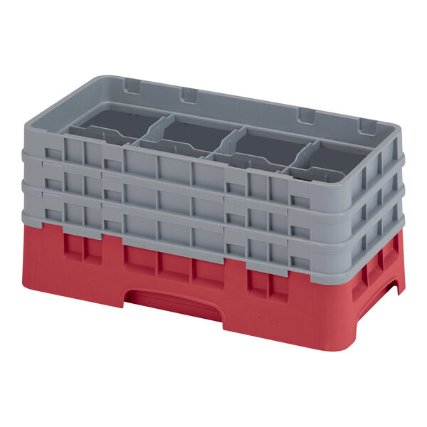 A grey and red plastic container with four compartments.