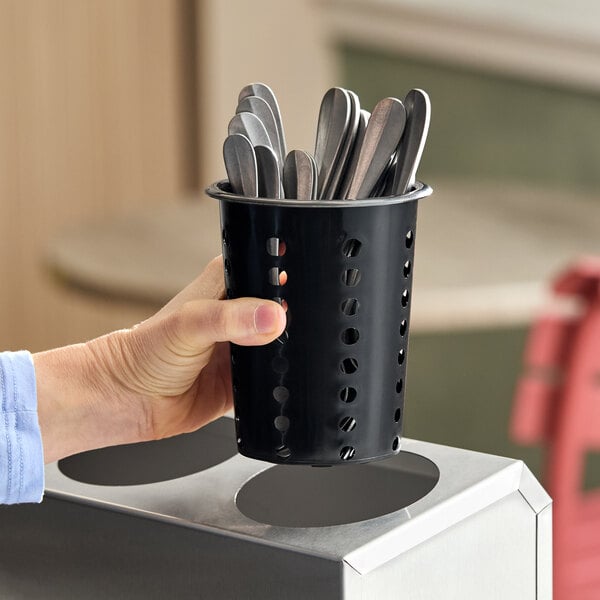 Choice Black Perforated Plastic Flatware Holder Cylinder