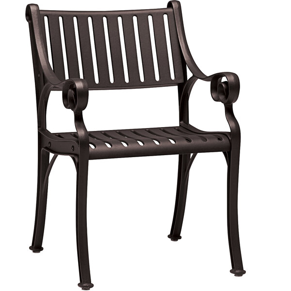A black powder-coated aluminum Wabash Valley Madison dining chair with armrests and a slat seat and back.