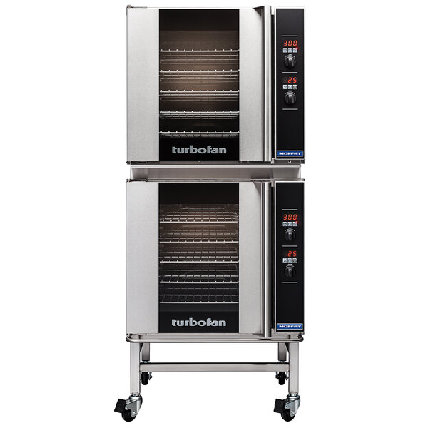 A white Moffat double convection oven with caster base stand and shelves.