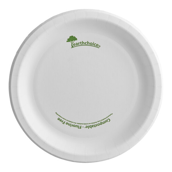 A white Pactiv EarthChoice compostable paper plate with green text reading "EarthChoice"