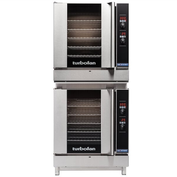 A close-up of two Moffat DSKG32 double stacking kits attached to two Moffat G32 convection ovens.