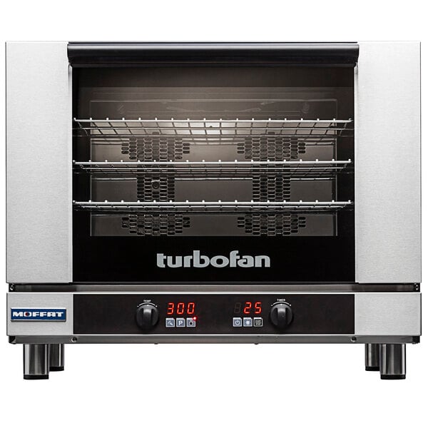 A Moffat Turbofan electric convection oven with a glass door and digital display.