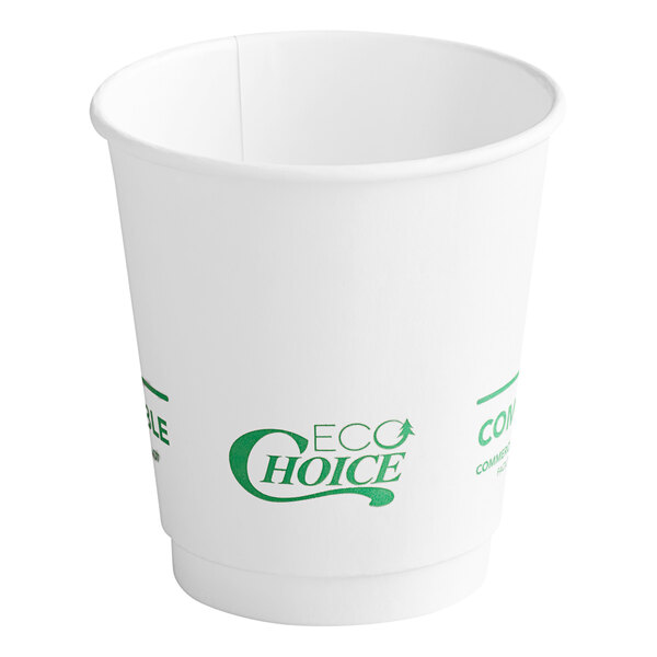 A white EcoChoice paper hot cup with green text.