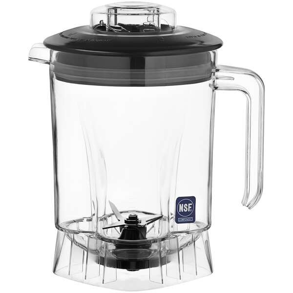 A clear Tritan plastic blender jar with a black lid.