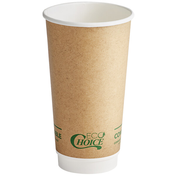 A brown EcoChoice paper hot cup with green text.