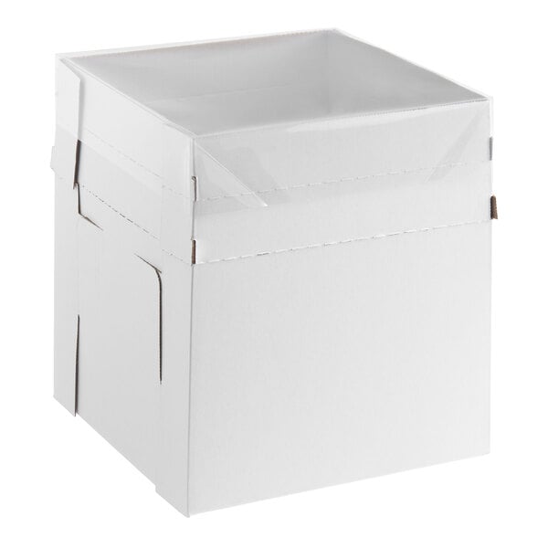A white adjustable cardboard bakery box with an open top and reinforced corners.