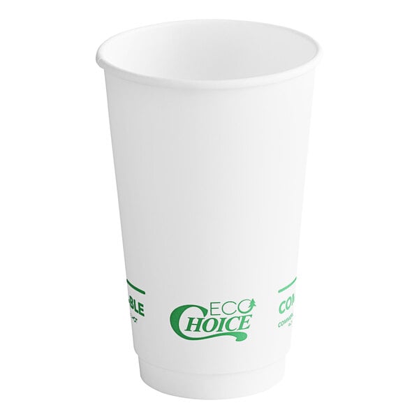 A white EcoChoice paper hot cup with a green and white logo.