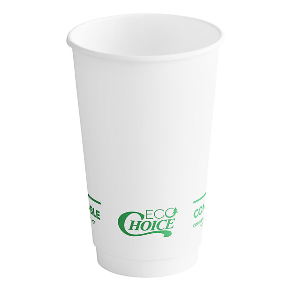 A white EcoChoice paper hot cup with green text.