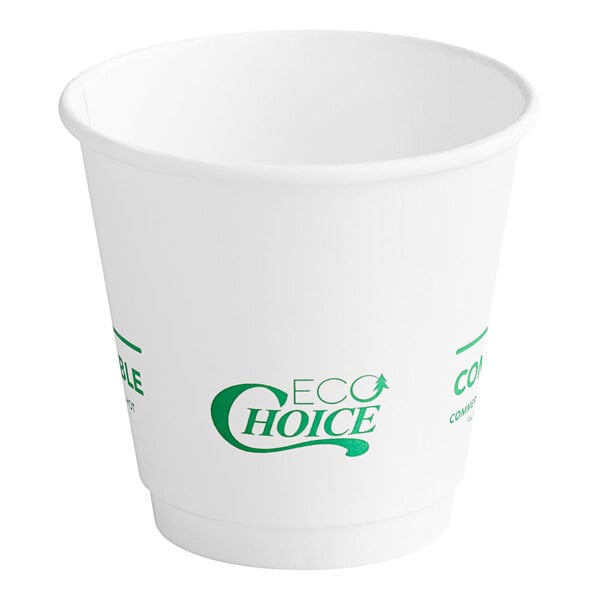 A white EcoChoice paper hot cup with green text.