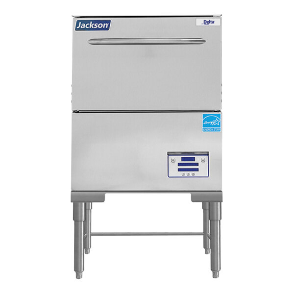 A close-up of a stainless steel Jackson DishStar glasswasher with a blue and white rectangular panel and metal frame.
