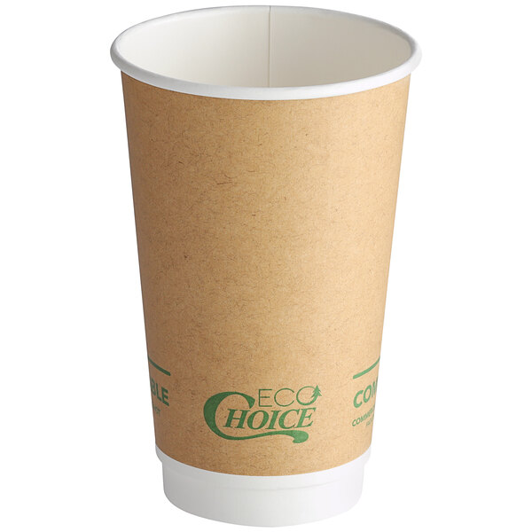 A brown EcoChoice paper hot cup with green text.
