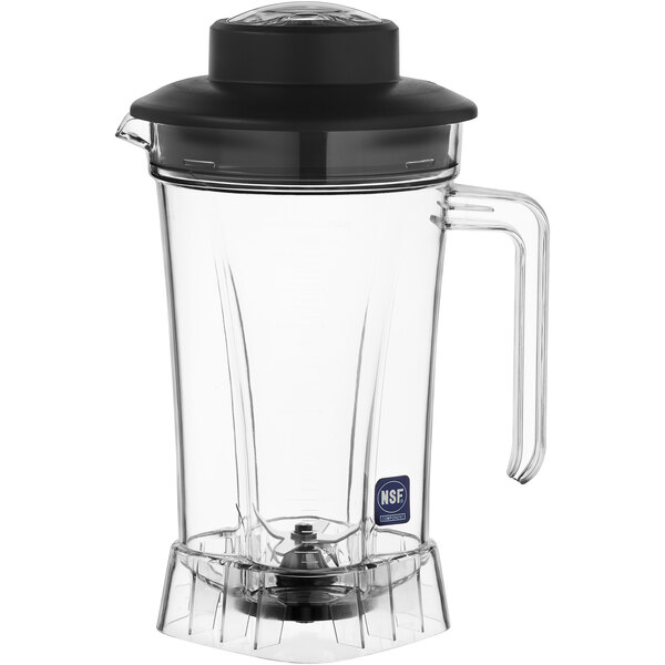 A clear plastic blender jar with a black lid and handle.