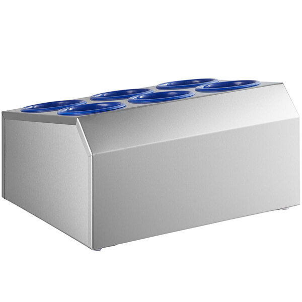 A silver stainless steel flatware organizer with blue plastic cylinders in six compartments.