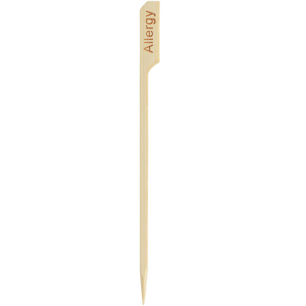 A close-up of a Bamboo by EcoChoice bamboo allergy food pick with black Aria text.