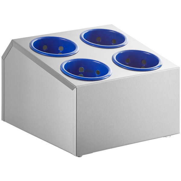A white stainless steel flatware organizer with blue perforated plastic cylinders.