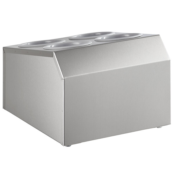 A stainless steel rectangular box with four perforated gray plastic bowls inside.