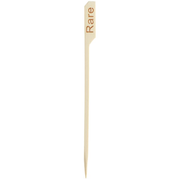 A wooden toothpick with "rare" written on the end.