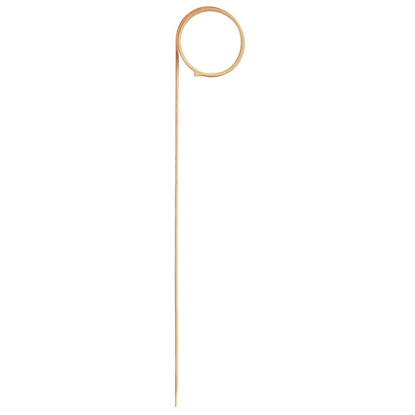 A close-up of a red bamboo loop food pick with a long handle.