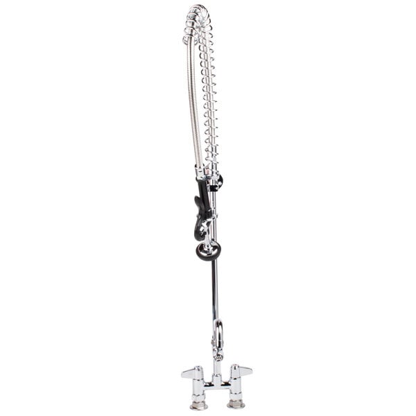 A chrome Equip by T&S deck mounted pre-rinse faucet with a hose.