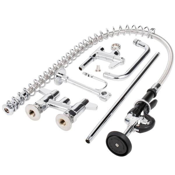 A set of chrome Equip by T&S pre-rinse faucets, with a wall bracket.