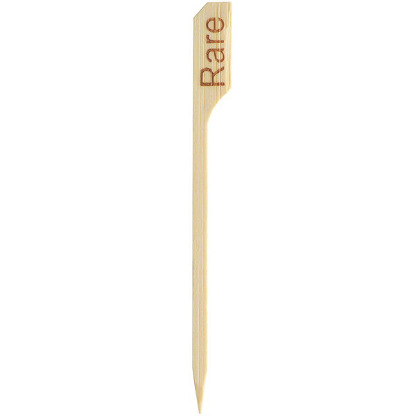A wooden Bamboo by EcoChoice toothpick with the word "Rare" engraved on it.
