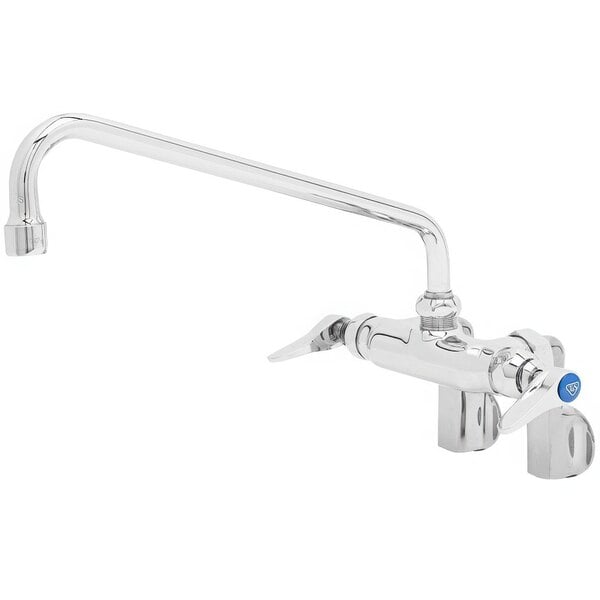 A silver T&S wall mounted pantry faucet with a long blue handle.