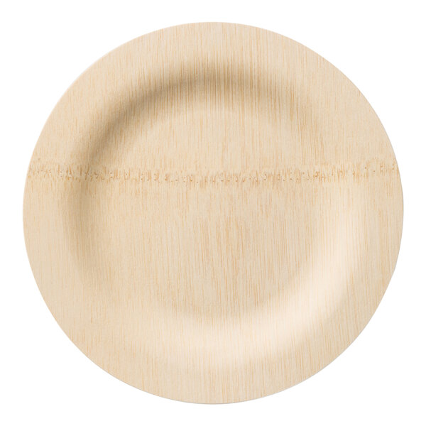A close up of a Bambu Veneerware wooden plate.