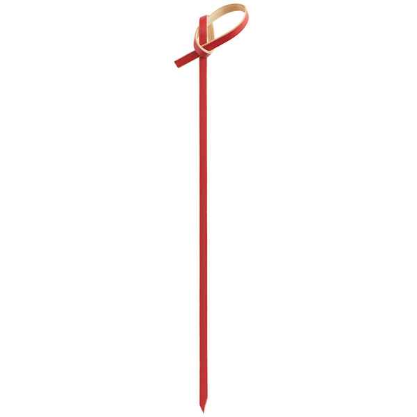 A red Bamboo Knot skewer with a white background.