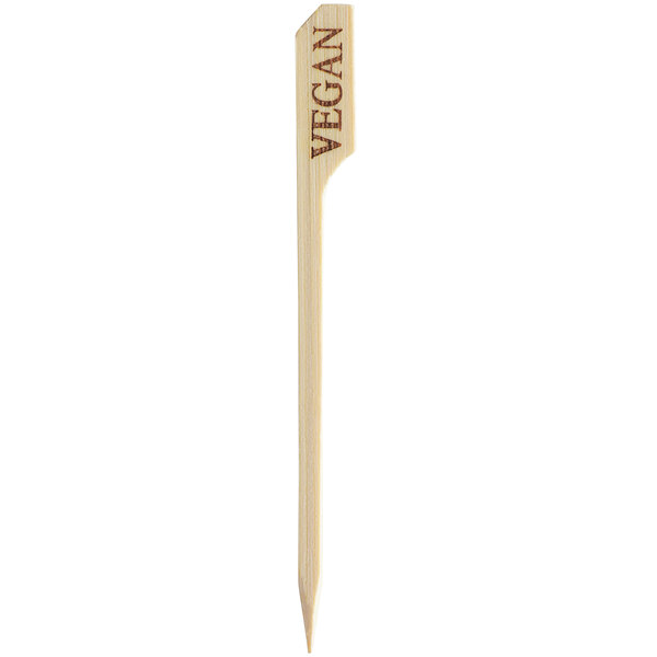 A bamboo food pick with the word "Bamboo" engraved on it.