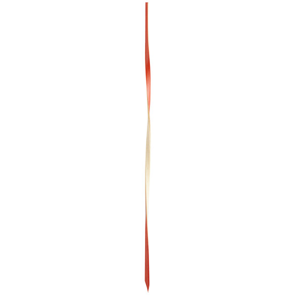 A close-up of a Bamboo by EcoChoice red bamboo food pick with a pointed end.
