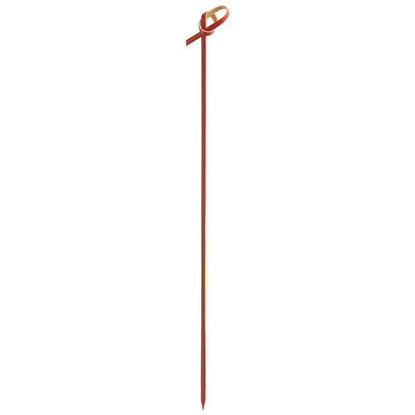 A red Bamboo by EcoChoice bamboo skewer with a knot on the end.
