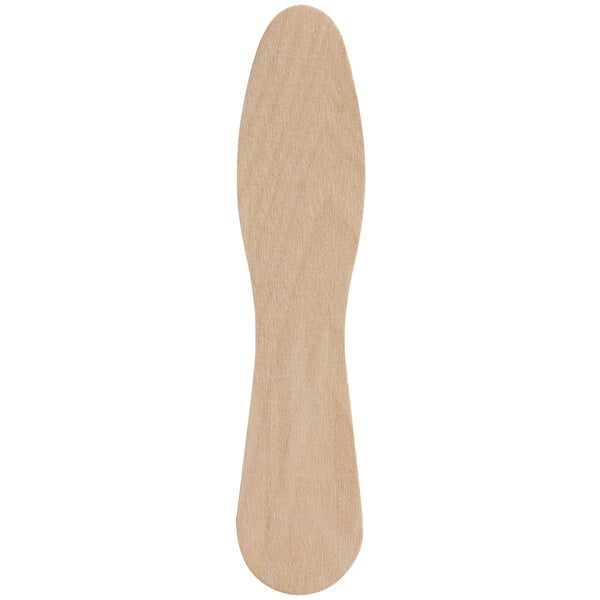 A close-up of a Choice Eco-Friendly unwrapped wooden taster spoon.