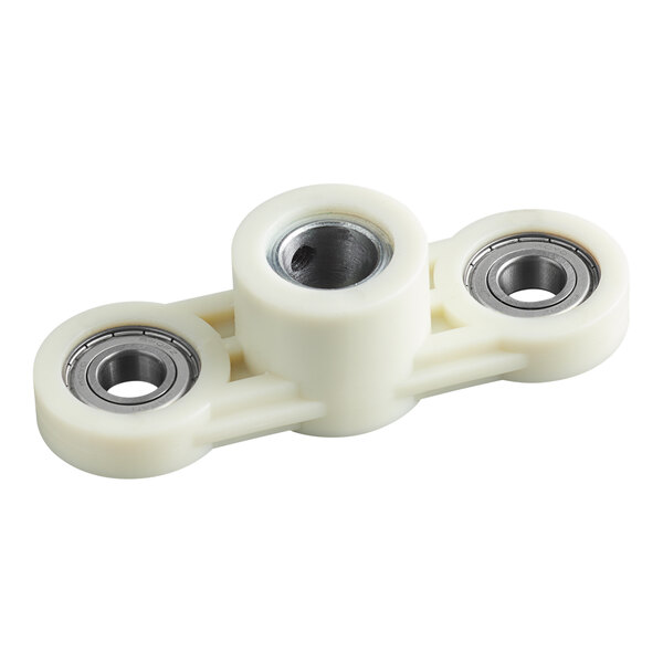 A white plastic replacement seat with three embedded metal bearings for countertop bread slicers.