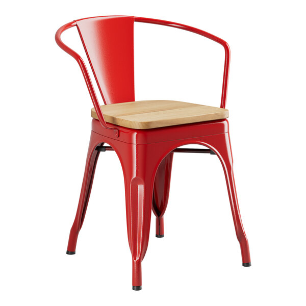 A Lancaster Table & Seating red metal arm chair with a natural wood seat.