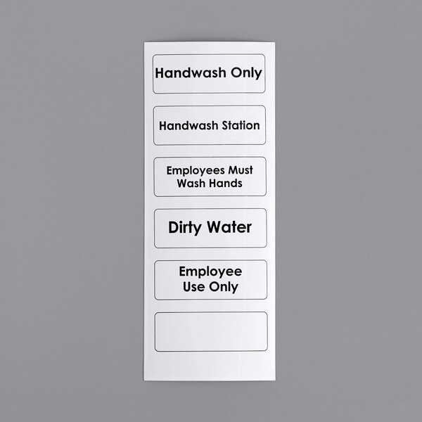 A white Choice Sanitary Compliance label with black text reading "wash and dry" and 5 other labels with different black text.