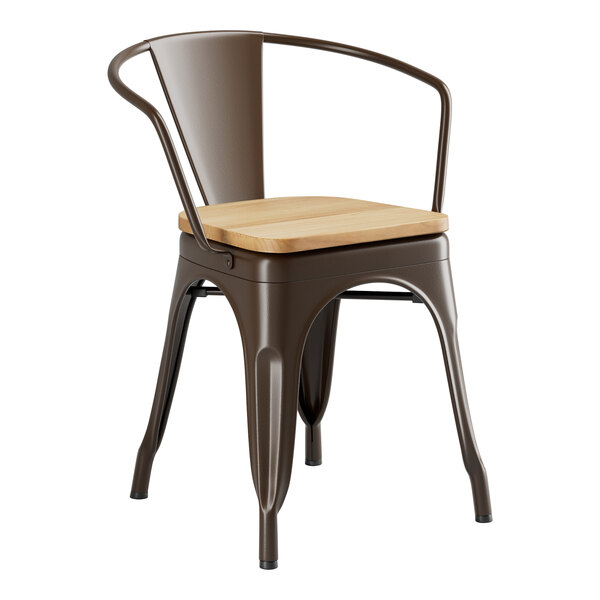 A Lancaster Table & Seating copper metal chair with a natural wood seat.