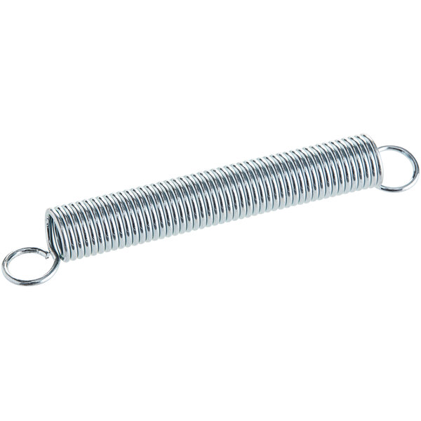 A metal spring with a metal hook on a white background.